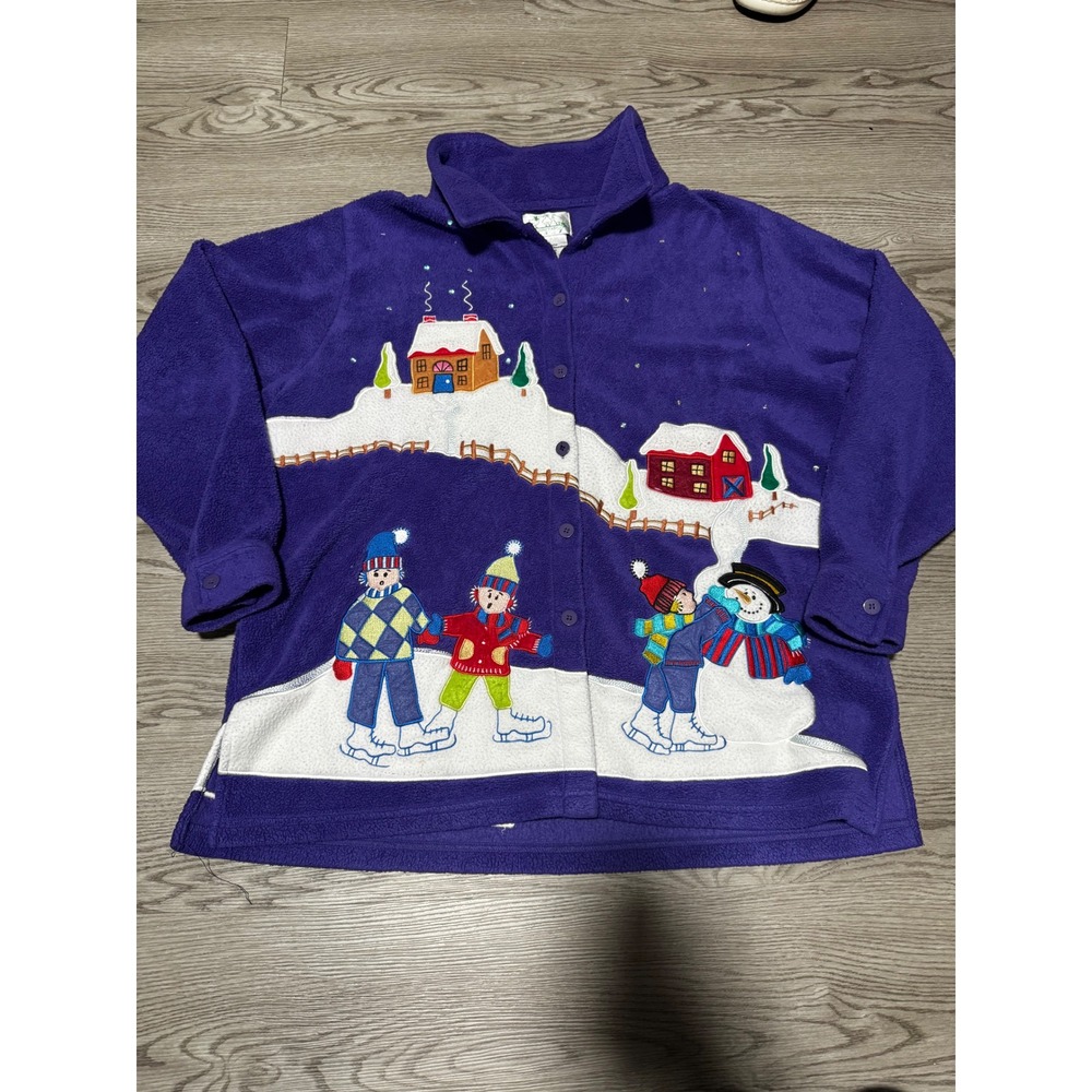 The Quacker Factory Purple Vintage Fleece Button‎ Shirt Winter Scene Extra Large